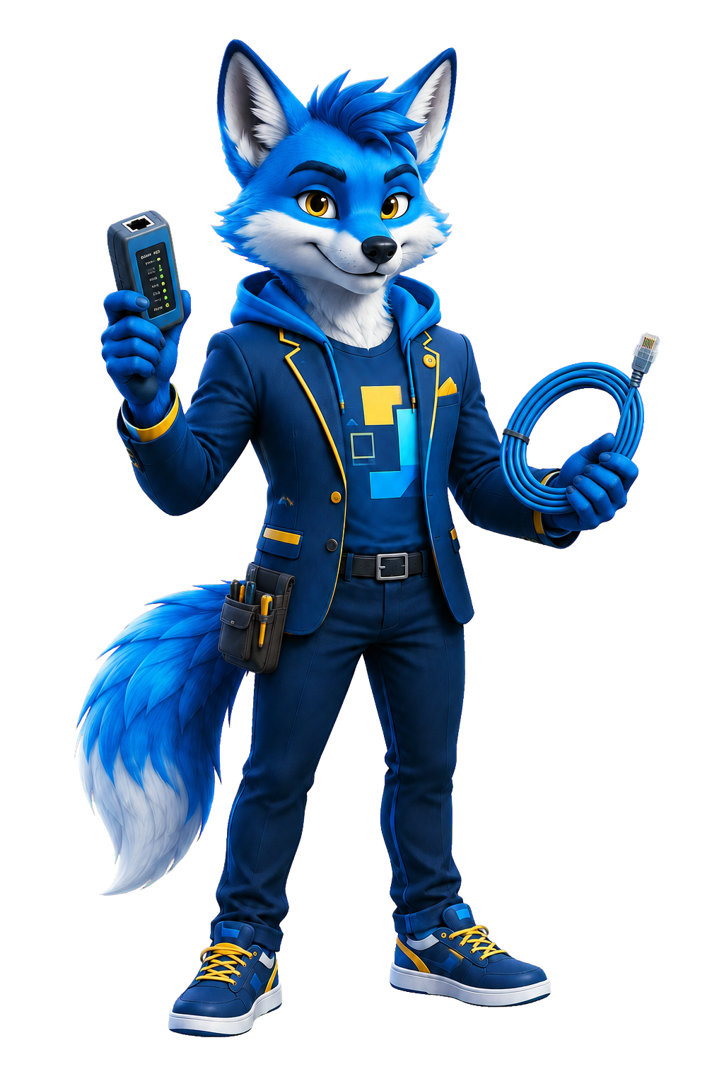 Raposa masculina, técnico de T.I. da Gbytes, com testador de rede e cabo Ethernet